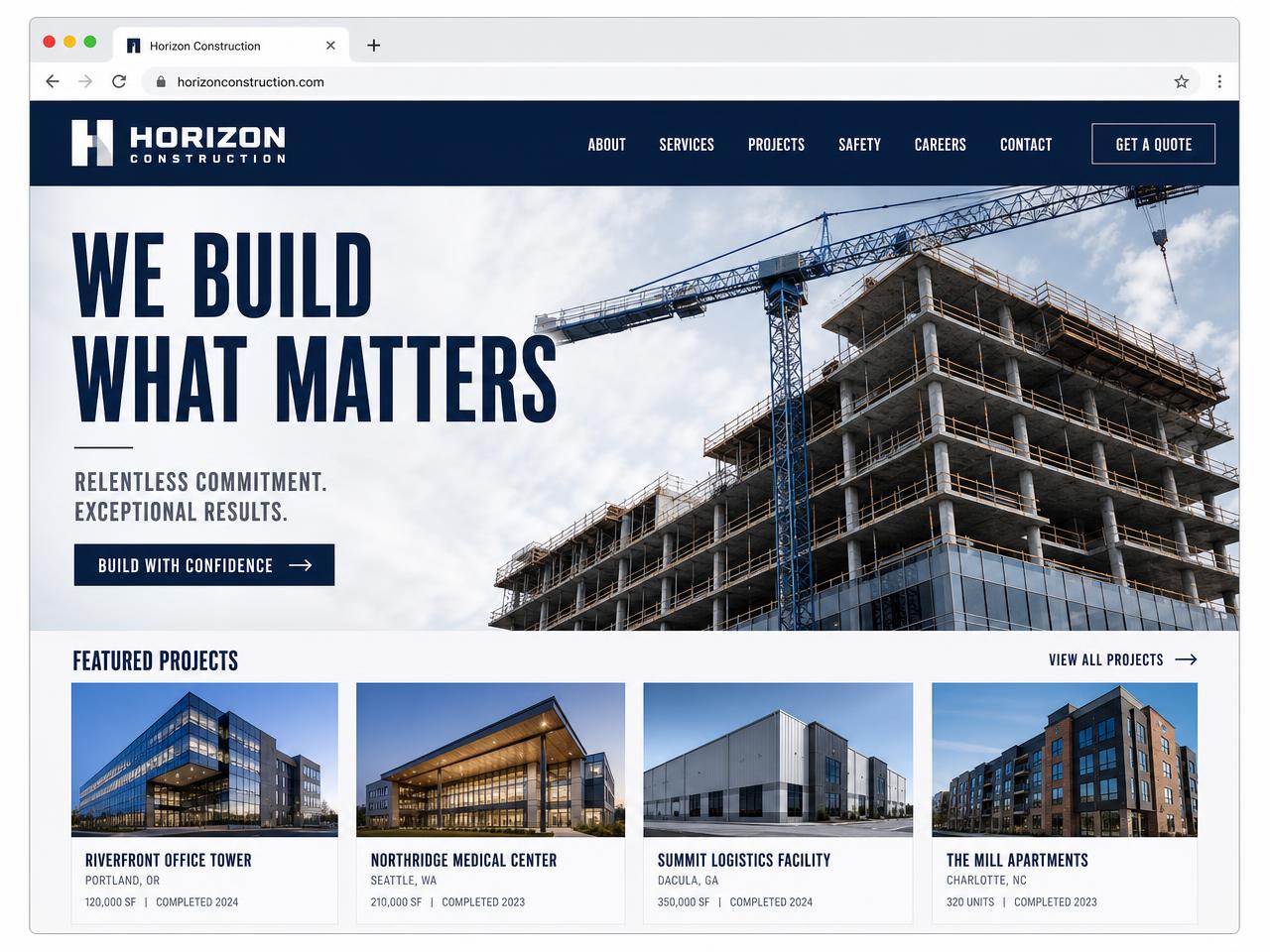 Voorbeeldontwerp van een website voor bouw