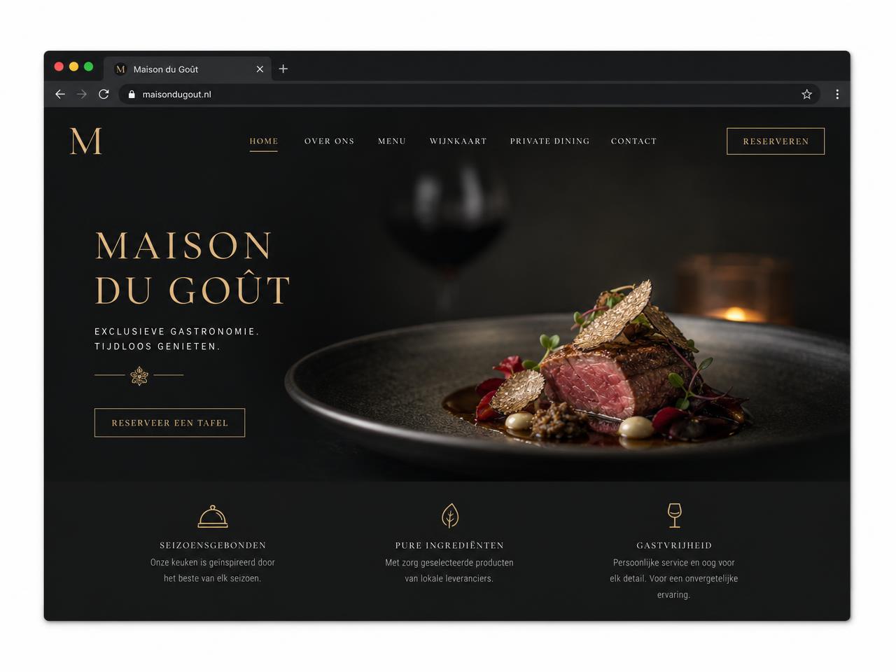 Voorbeeldontwerp van een website voor horeca